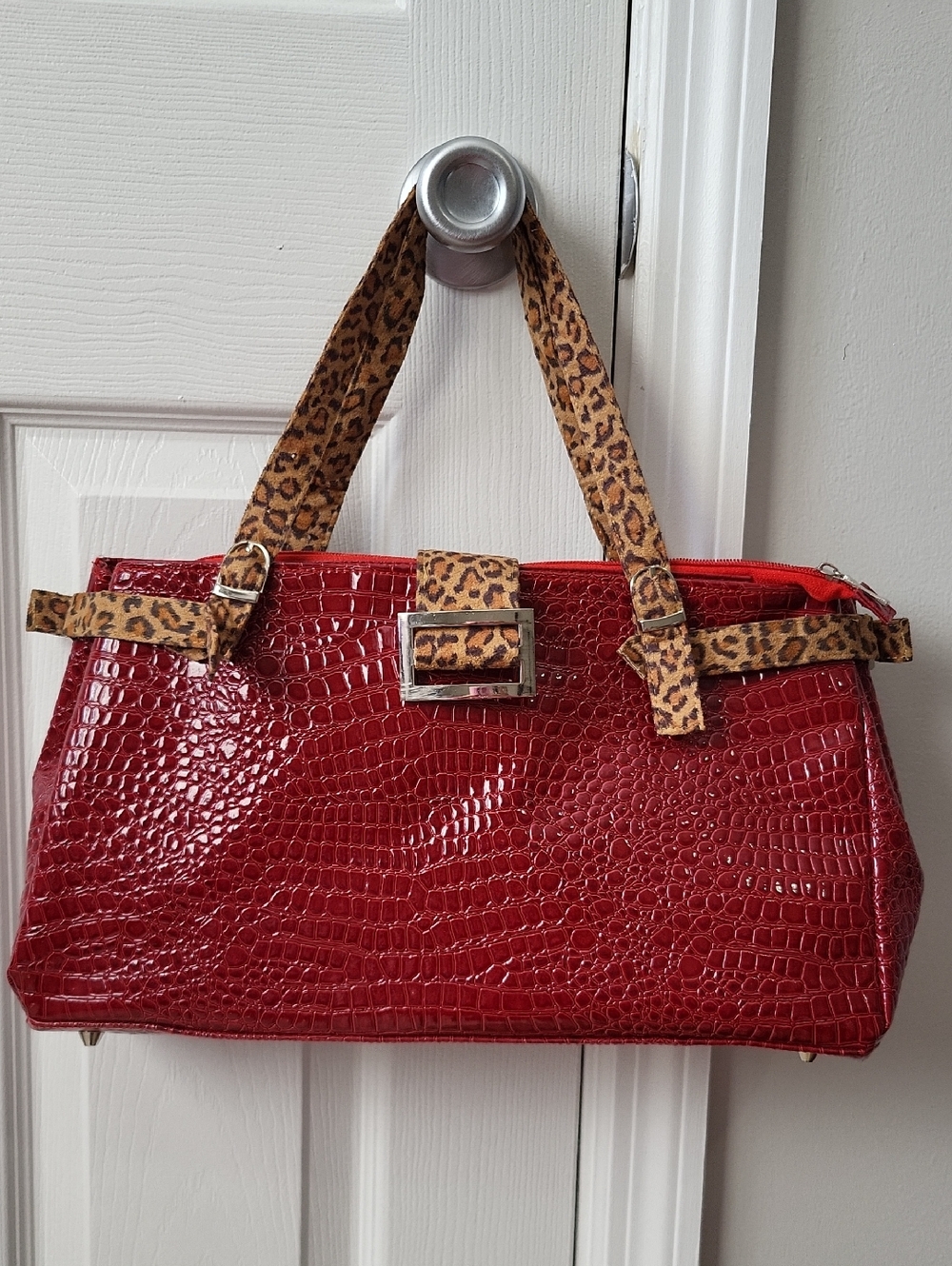 Red Croc-Embossed Shoulder Bag with Leopard-Print Accents